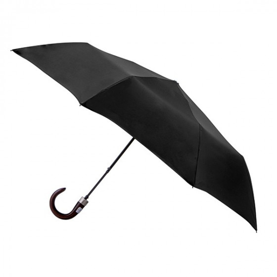 Parapluie Homme Uni Noir pliant mini automatique 8 baleines poignée bois courbe
